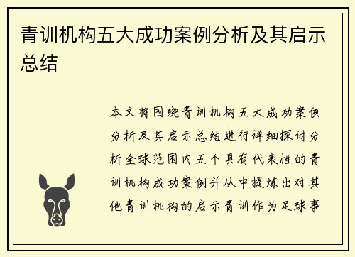 青训机构五大成功案例分析及其启示总结