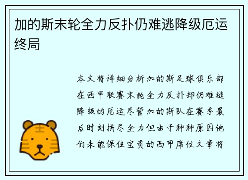 加的斯末轮全力反扑仍难逃降级厄运终局 加的斯末轮全力反扑仍难逃降级厄运终局
