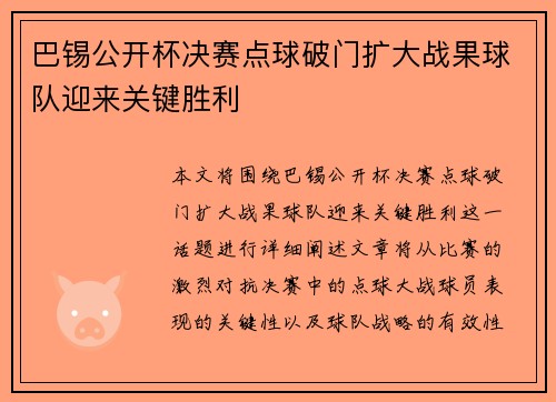 巴锡公开杯决赛点球破门扩大战果球队迎来关键胜利