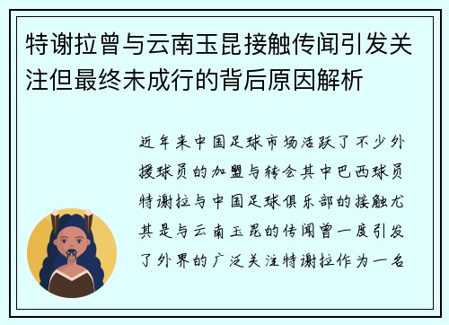 特谢拉曾与云南玉昆接触传闻引发关注但最终未成行的背后原因解析